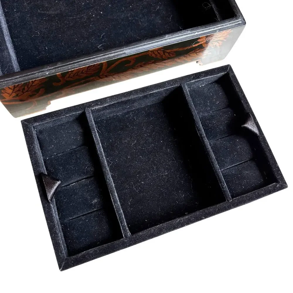 Ornate wooden jewelry box lift ff lid velvet tray black brown gold lacquer